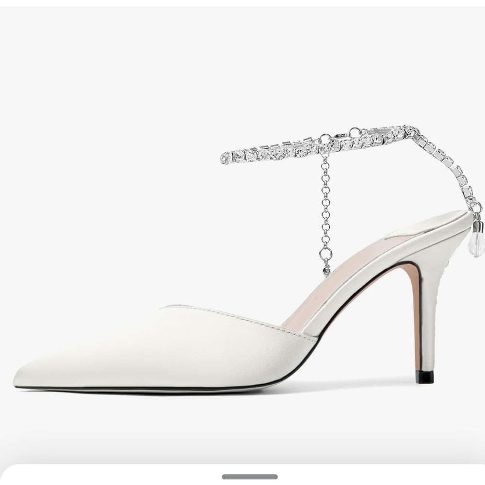LIKE NEW Vertundy | White Ivory Satin Rhinestone Strap Heels | Size 7.5